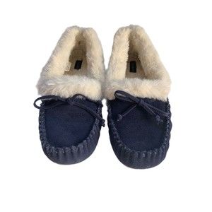 Talbots Suede Moccasin Slippers Women’s Size 7M Fur Lined Non Skid Blue EUC